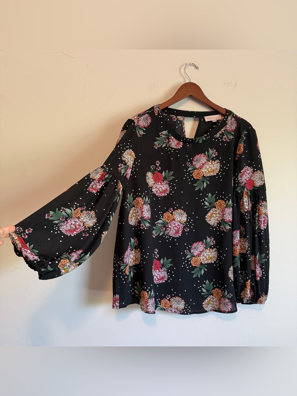 Floral Black Bell Sleeve Top Women L  Cottagecore Peasant Feminine Dainty Spring